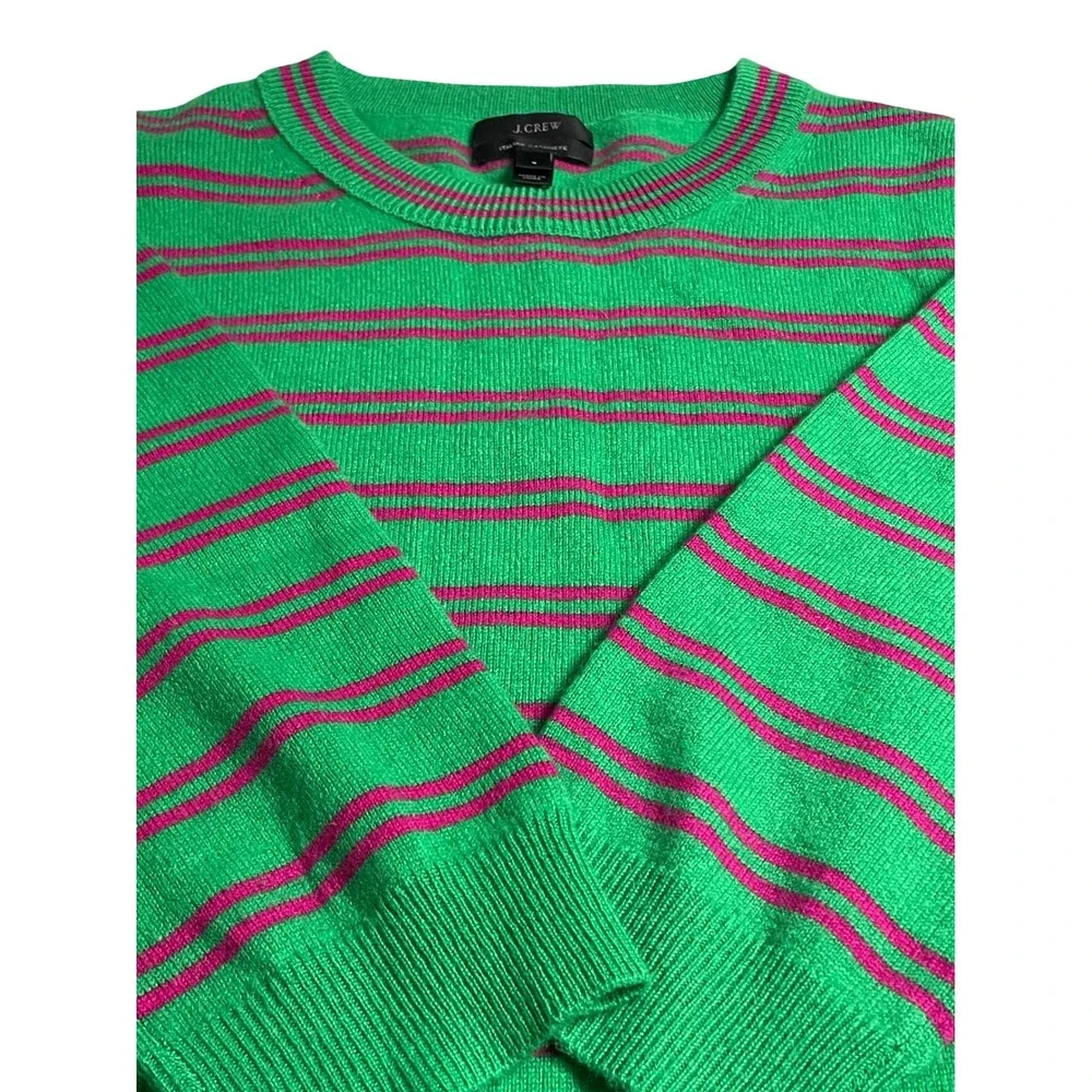 J. Crew Italian Cashmere Green Pink Stripe Crewneck Women's Small